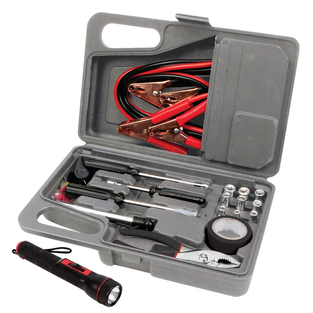 W1556 – PERFORM TOOL Emergency Kit, With 8 Foot Jumper Cables/ Flashlight/ Pencil Tire Gauge/ Knit Gloves/ Whistle/ T...